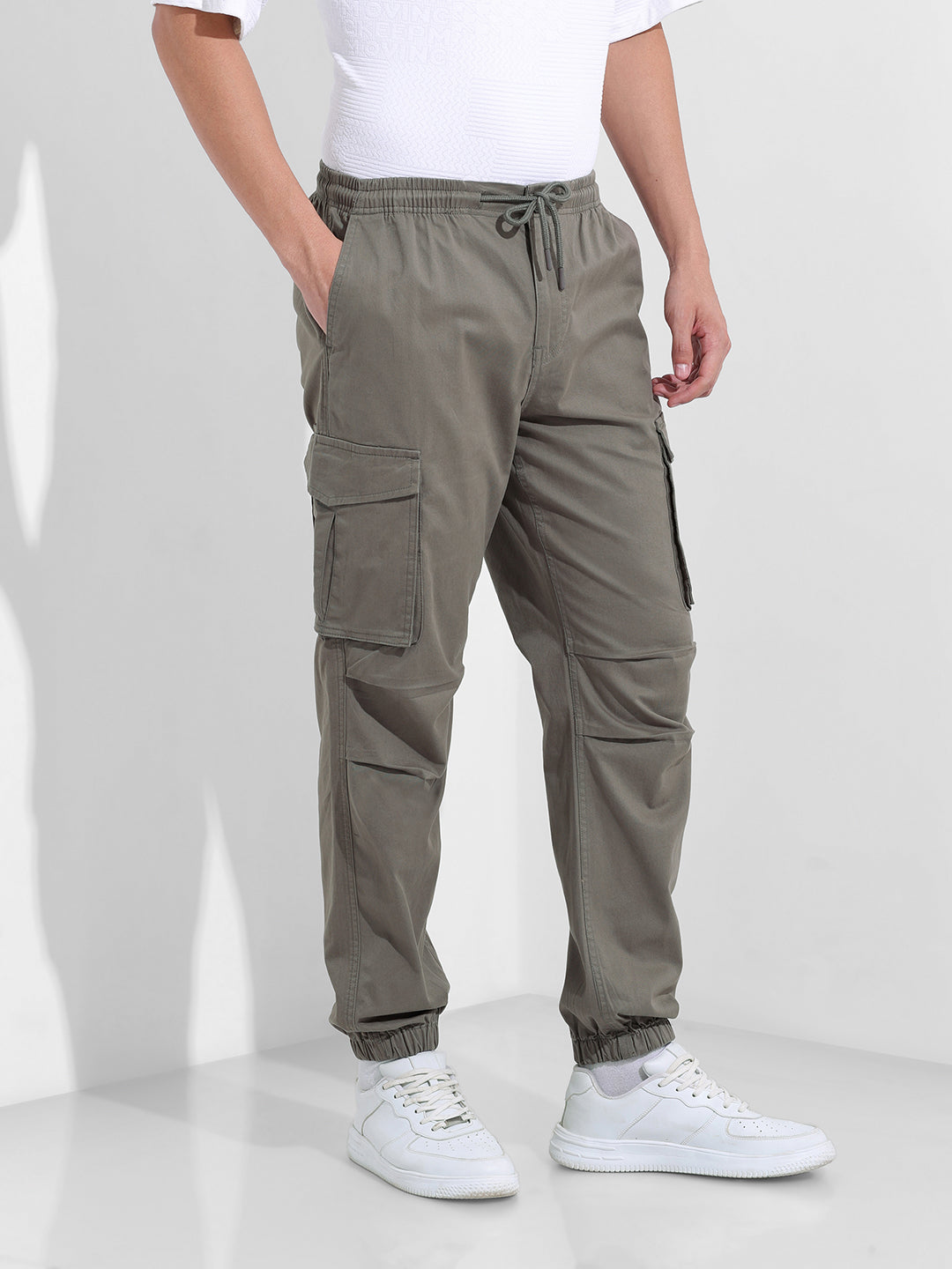 Men's Stone Grey Relaxed Fit Solid Utility Cargo