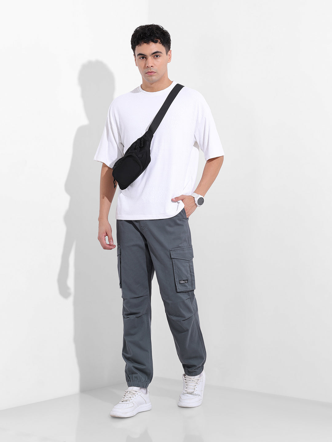 Men's Stone Blue Relaxed Fit Solid Utility Cargo