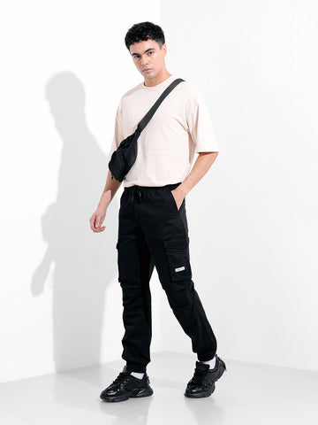 Men's Black Relaxed Fit Solid Utility Cargo