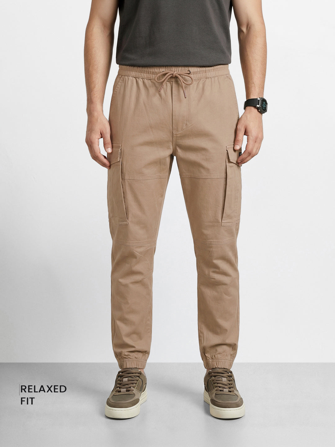 Men's Khaki Regular Fit Solid Utility Cargo