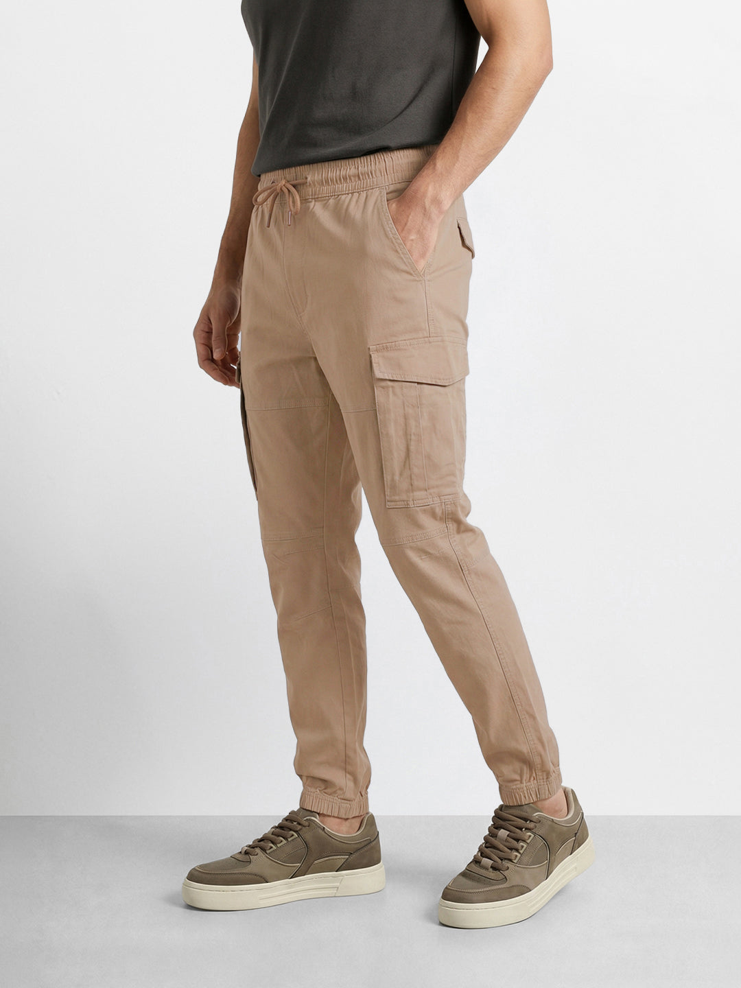 Men's Khaki Regular Fit Solid Utility Cargo
