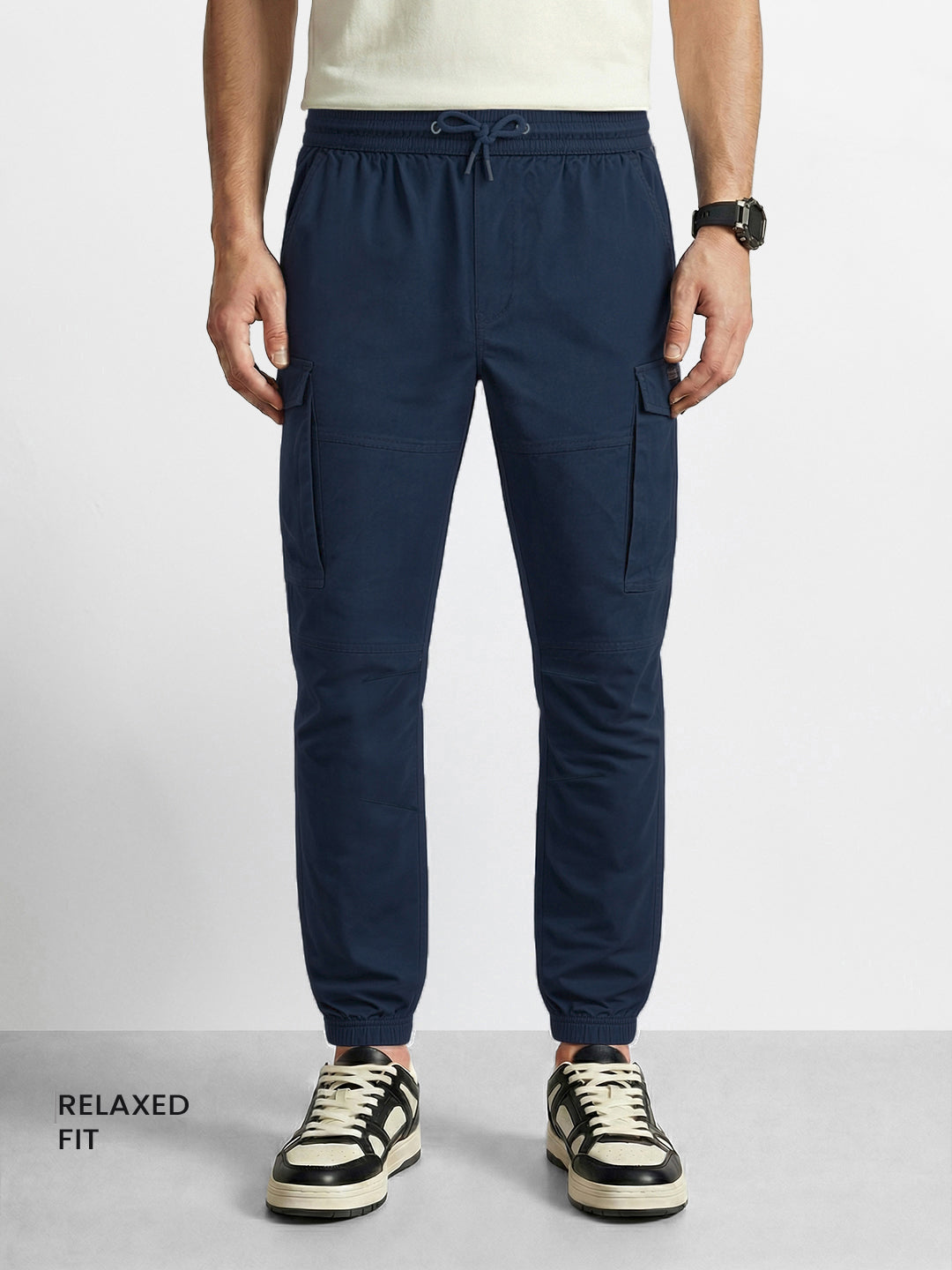 Men's Navy Blue Regular Fit Solid Utility Cargo