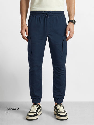 Men's Navy Blue Regular Fit Solid Utility Cargo