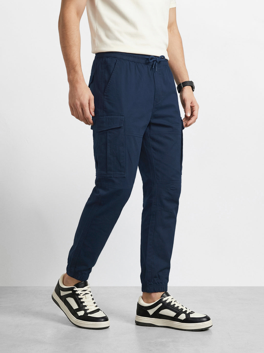Men's Navy Blue Regular Fit Solid Utility Cargo