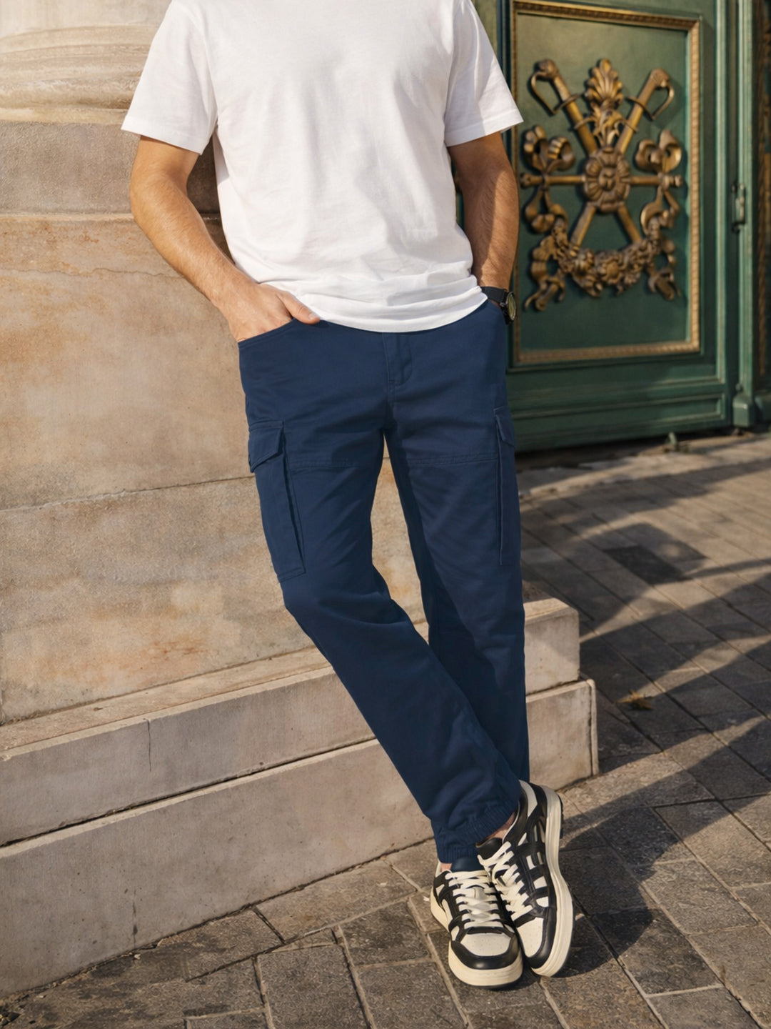 Men's Navy Blue Regular Fit Solid Utility Cargo