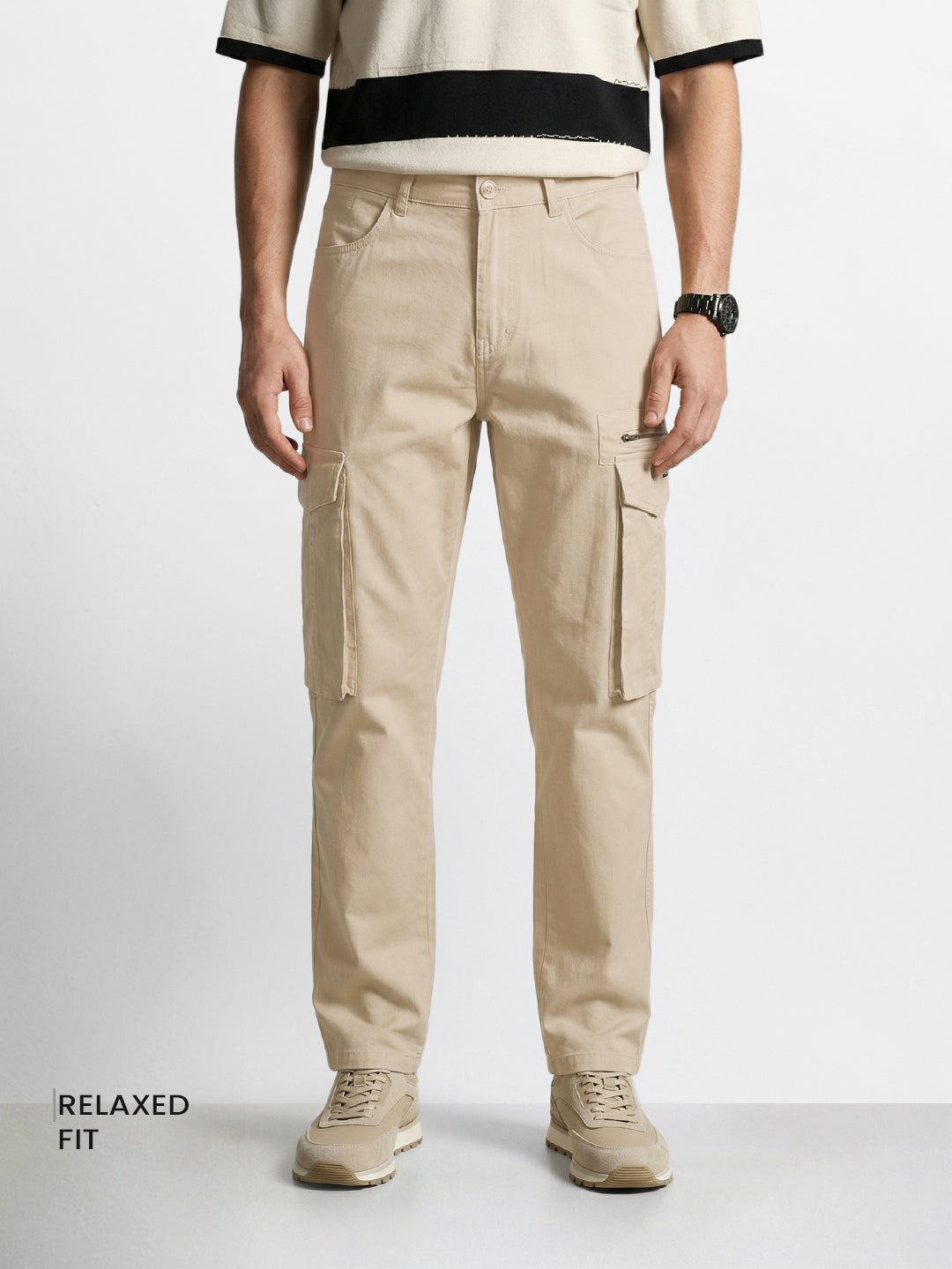Men's Beige Relaxed Fit Solid Utility Cargo