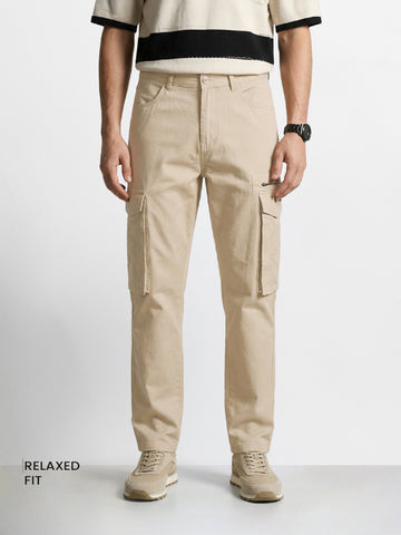 Men's Beige Relaxed Fit Solid Utility Cargo