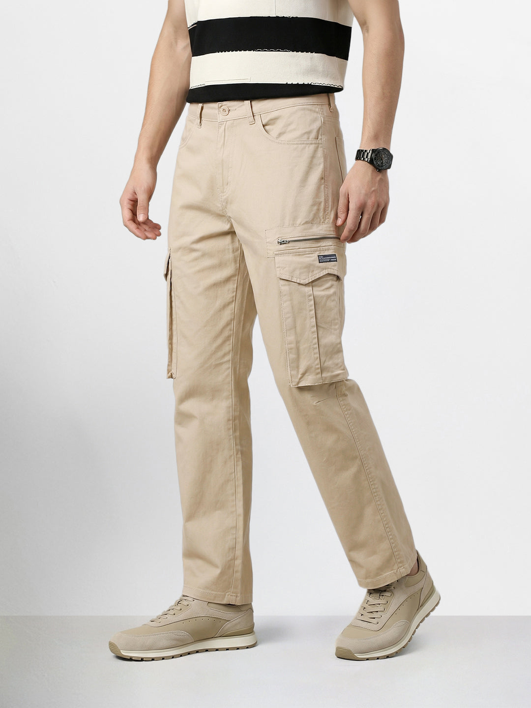 Men's Beige Relaxed Fit Solid Utility Cargo