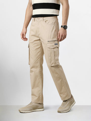 Men's Beige Relaxed Fit Solid Utility Cargo