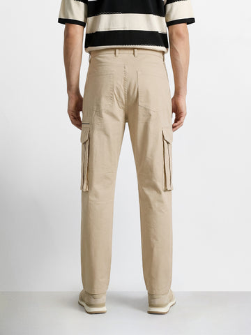 Men's Beige Relaxed Fit Solid Utility Cargo
