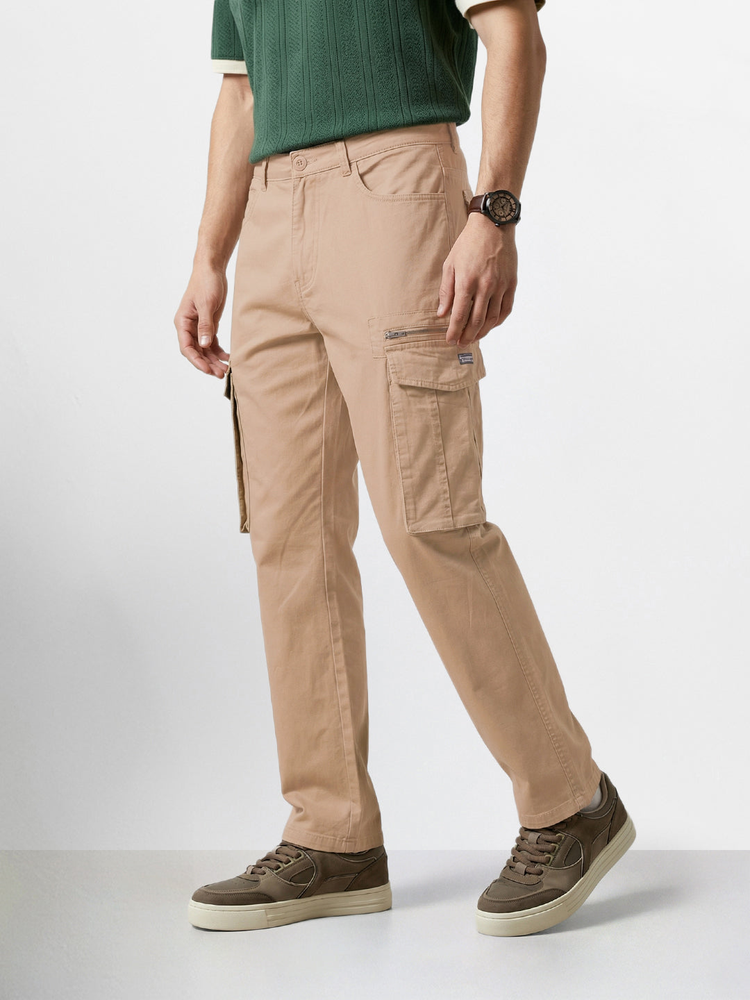 Men's Khaki Relaxed Fit Solid Utility Cargo
