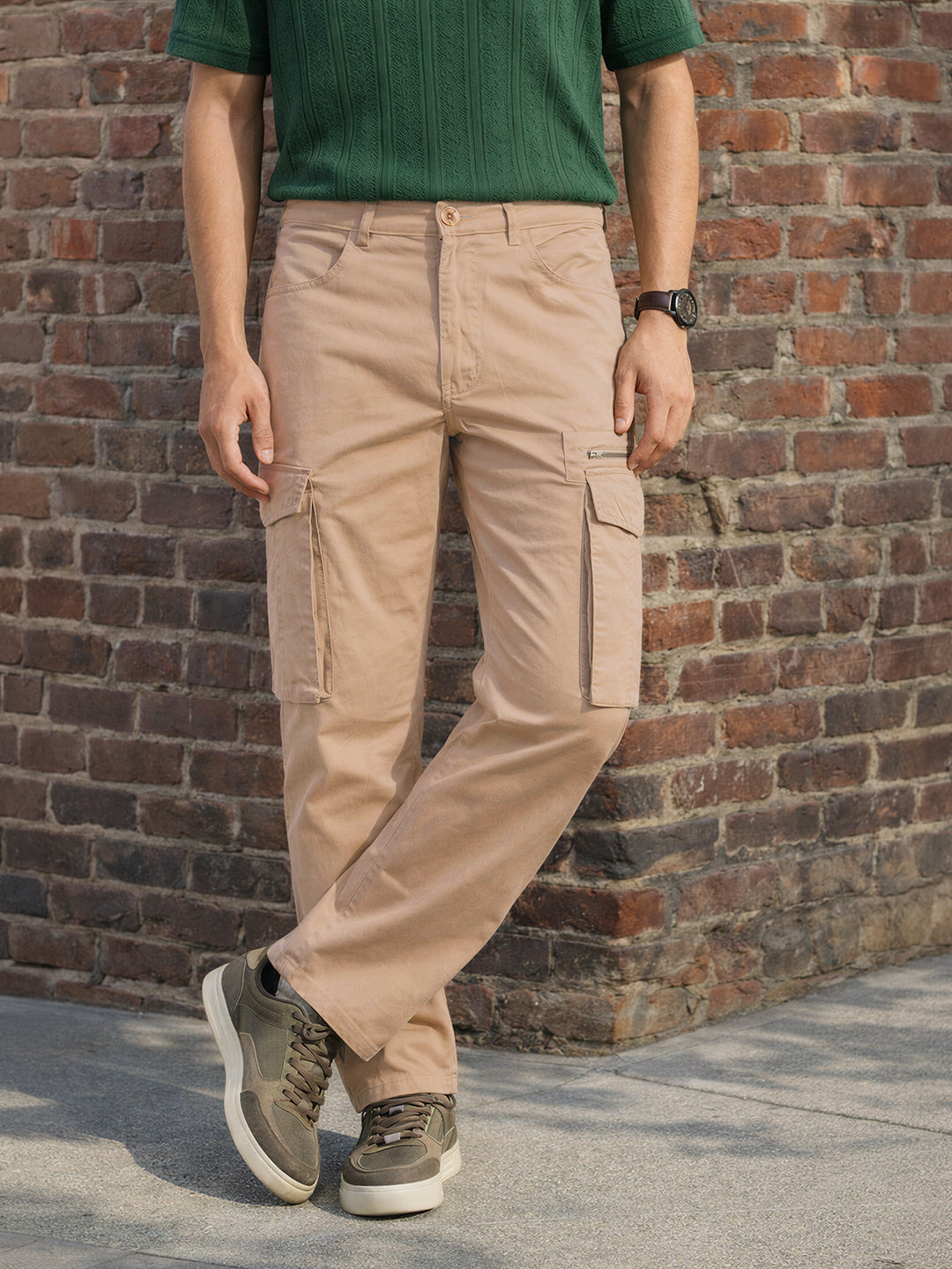 Men's Khaki Relaxed Fit Solid Utility Cargo