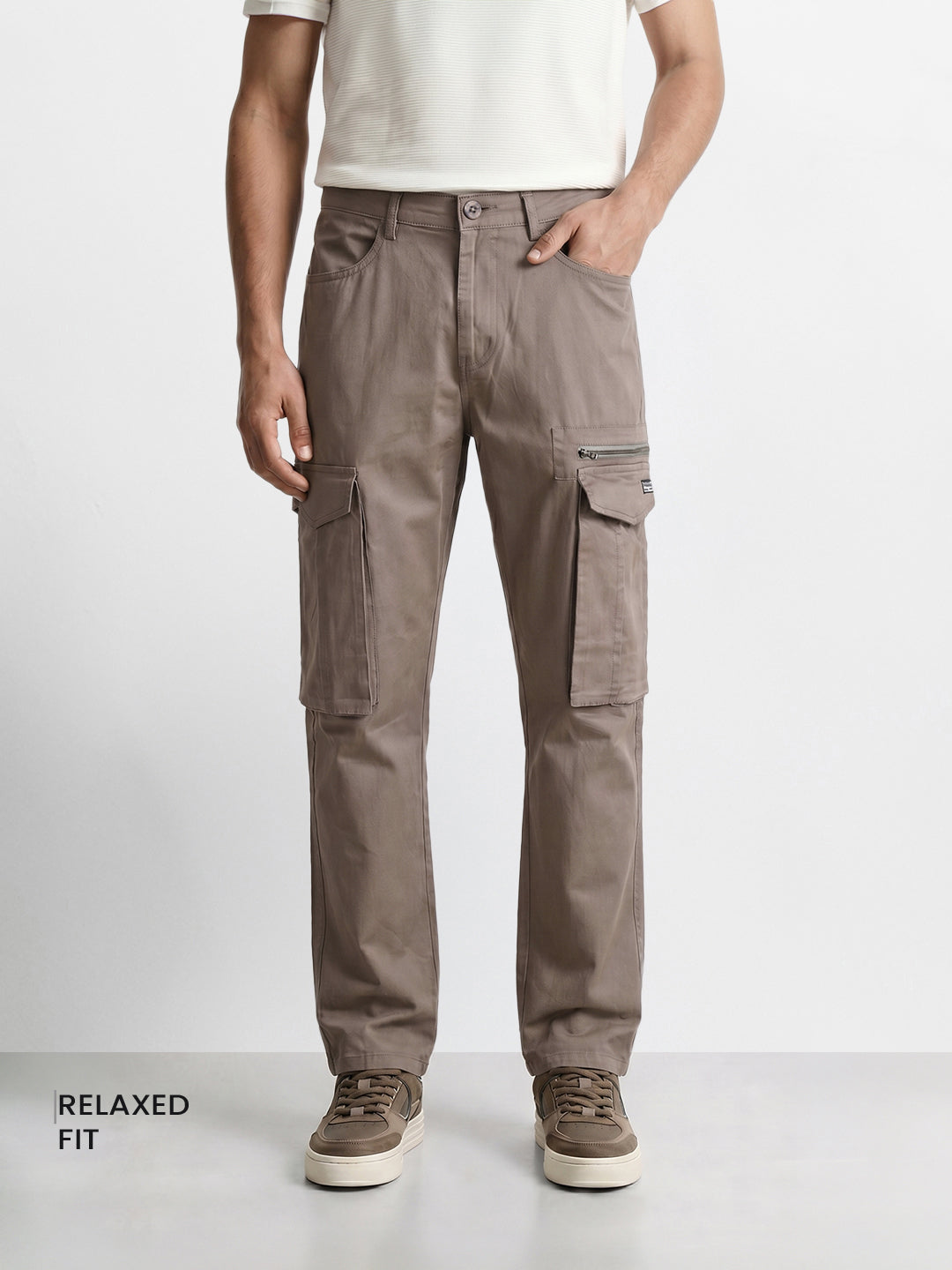 Men's Grey Relaxed Fit Solid Utility Cargo