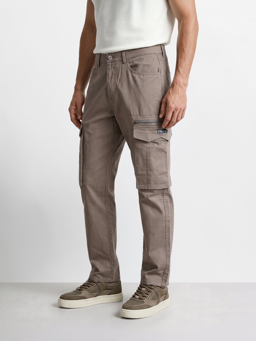 Men's Grey Relaxed Fit Solid Utility Cargo