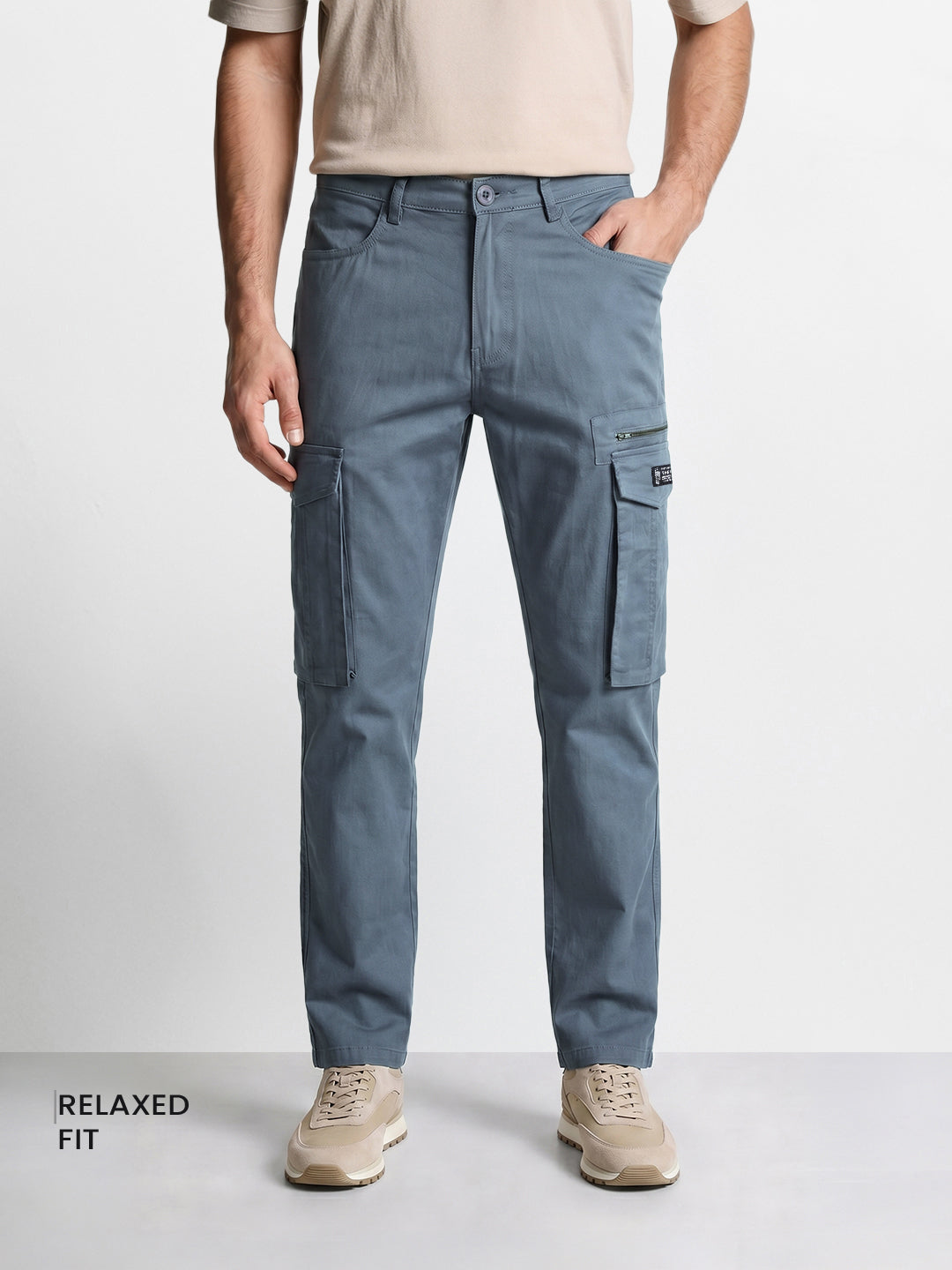 Men's Silver Relaxed Fit Solid Utility Cargo