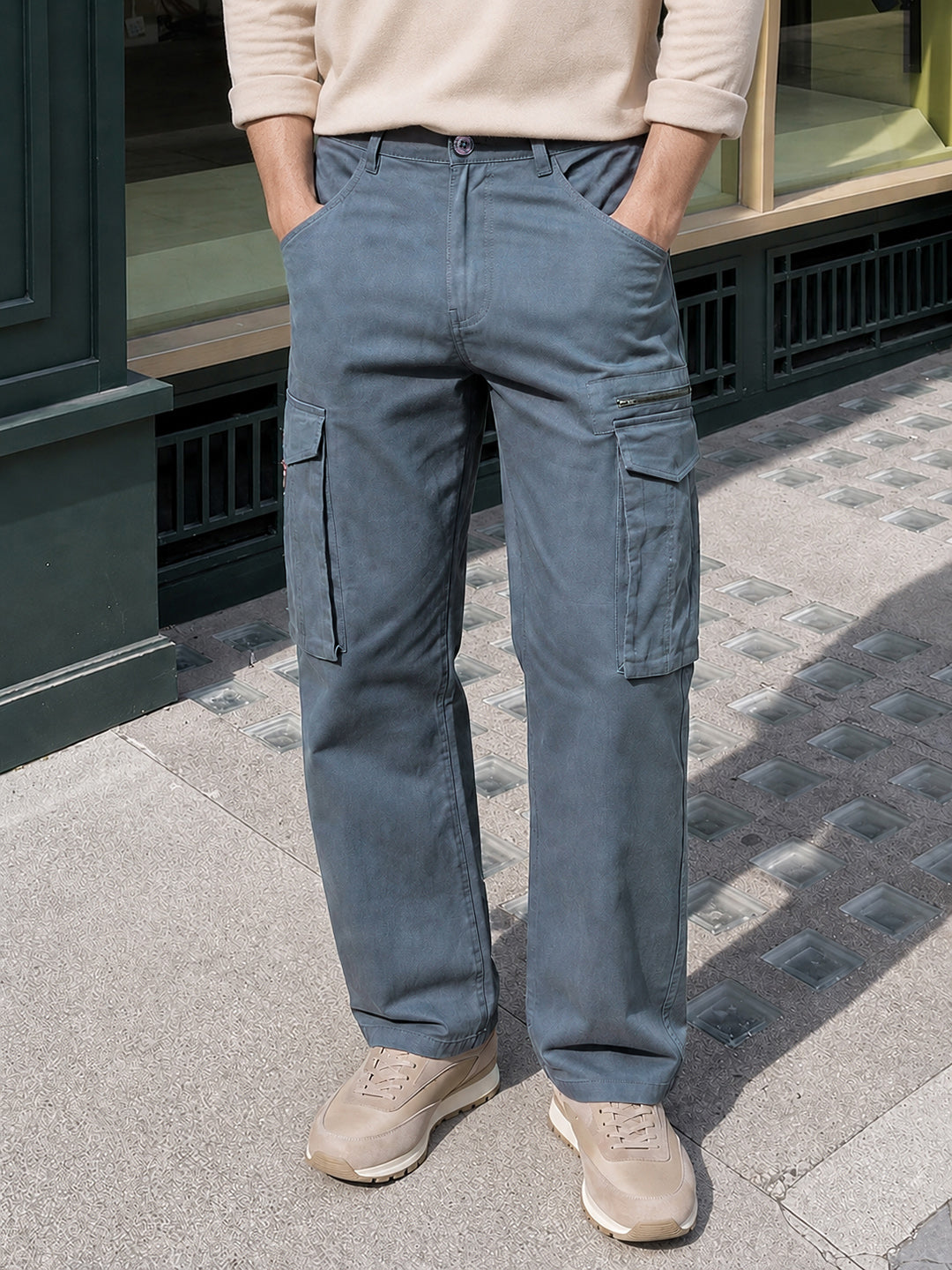 Men's Silver Relaxed Fit Solid Utility Cargo
