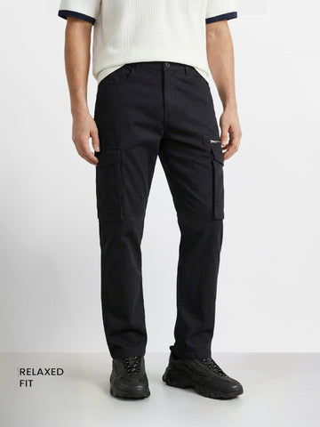 Men's Black Relaxed Fit Solid Utility Cargo