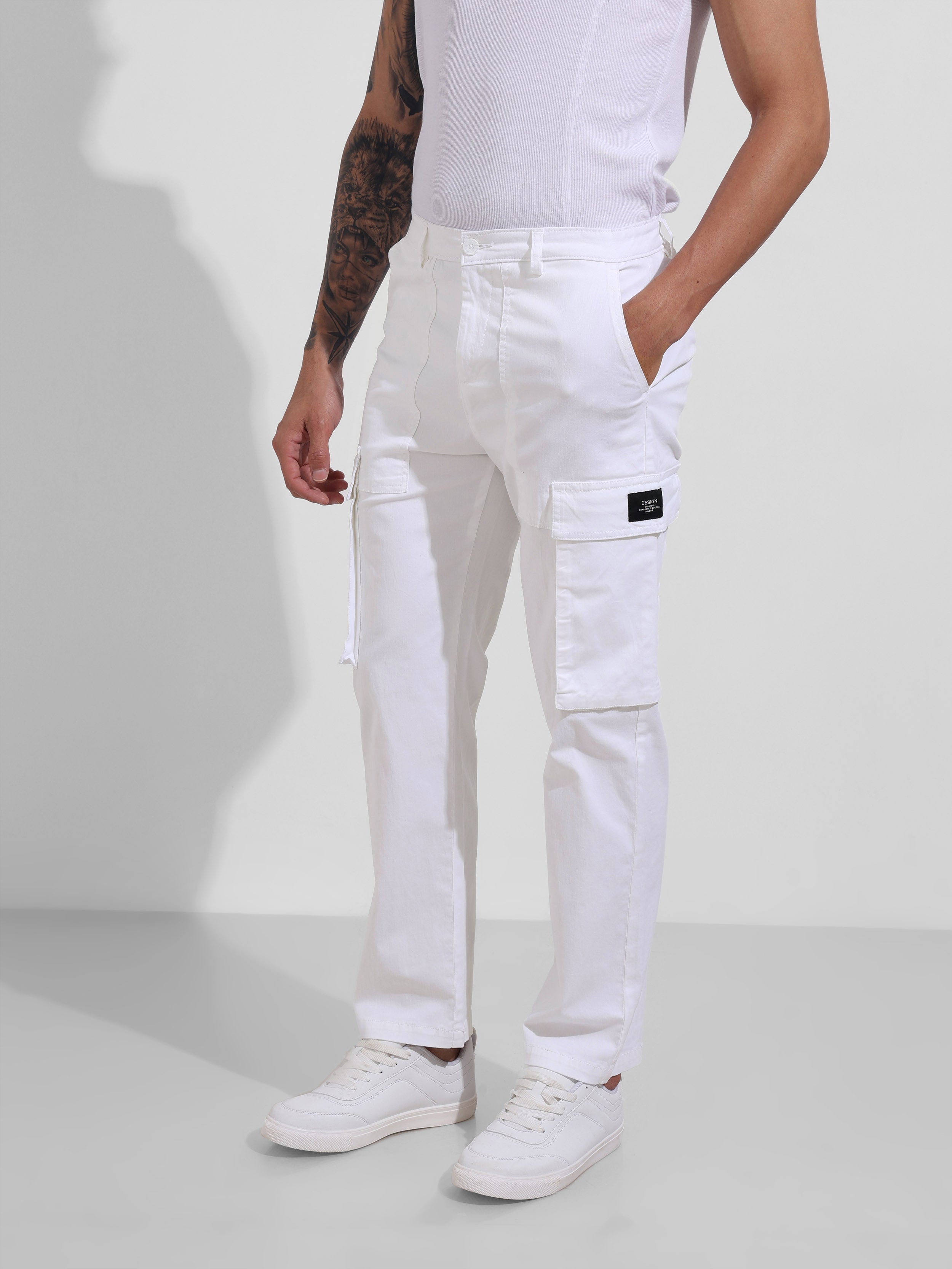 Men's White Relaxed Fit Solid Utility Cargo
