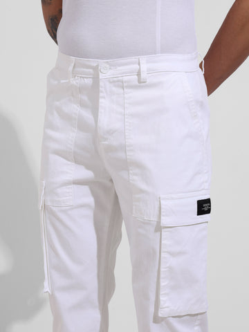 Men's White Relaxed Fit Solid Utility Cargo