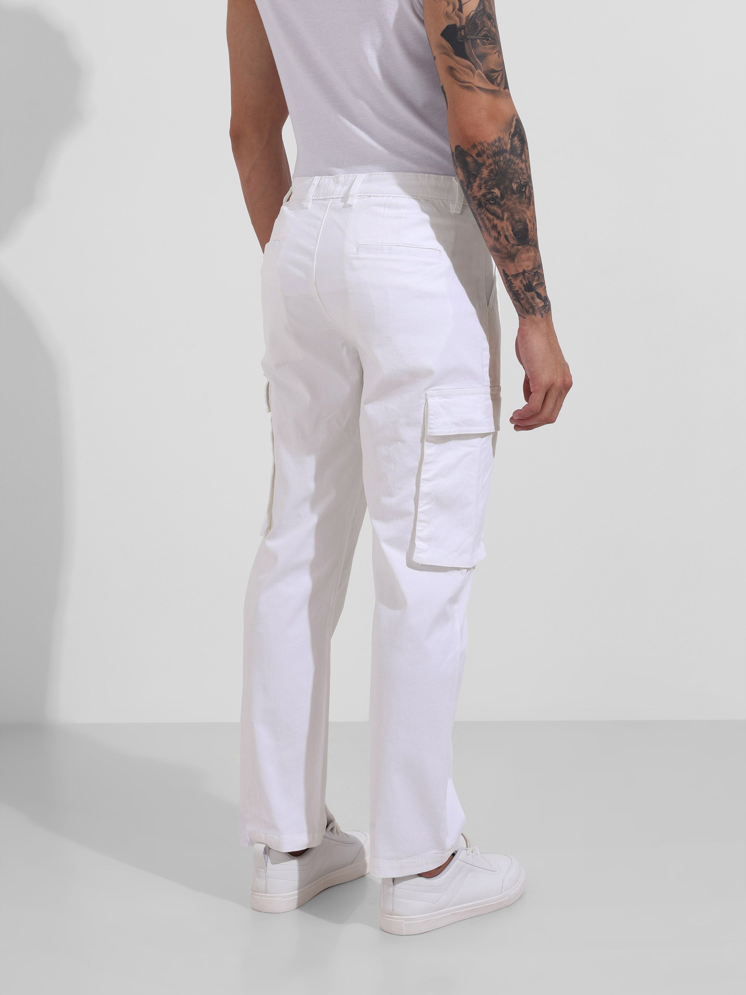 Men's White Relaxed Fit Solid Utility Cargo