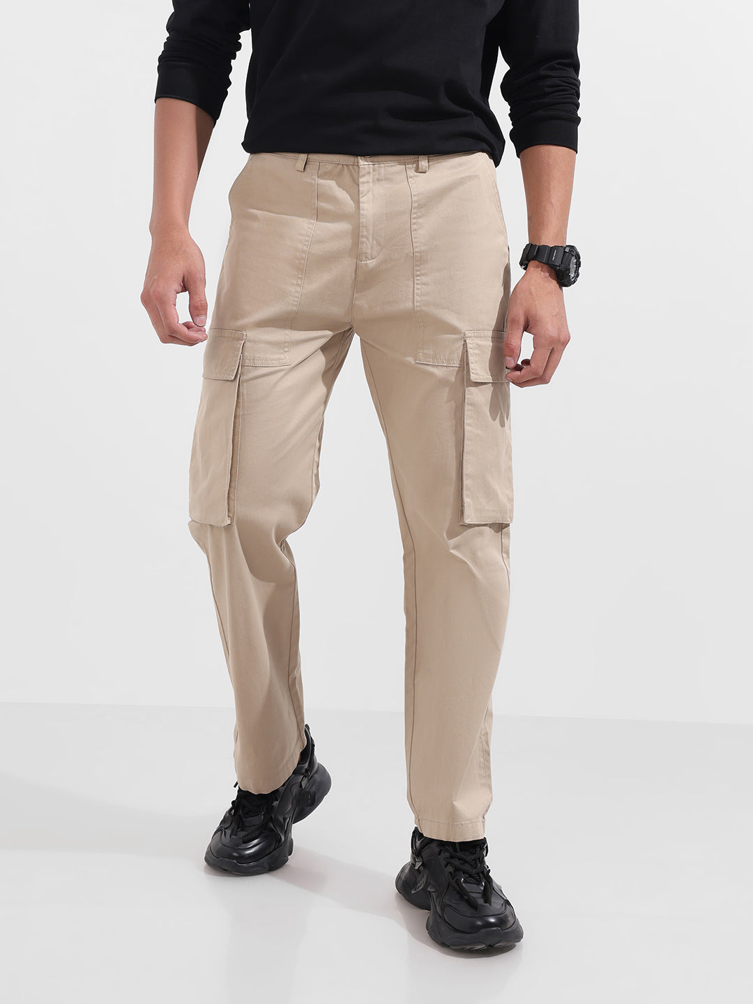 Men's Beige Relaxed Fit Solid Utility Cargo