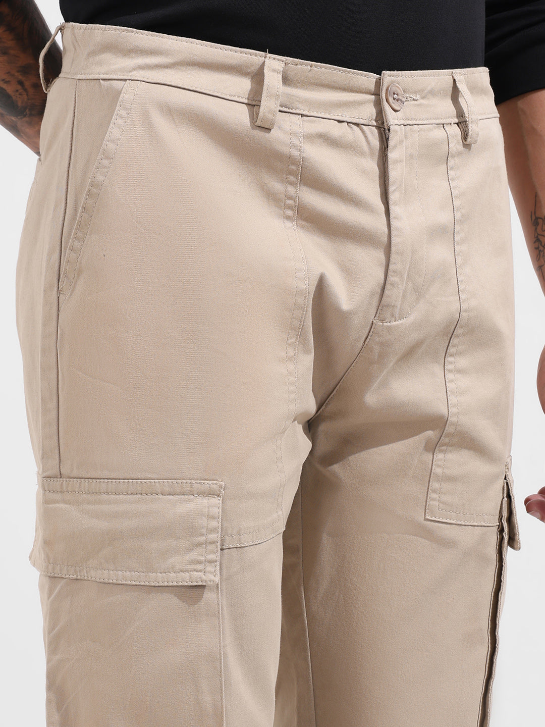 Men's Beige Relaxed Fit Solid Utility Cargo