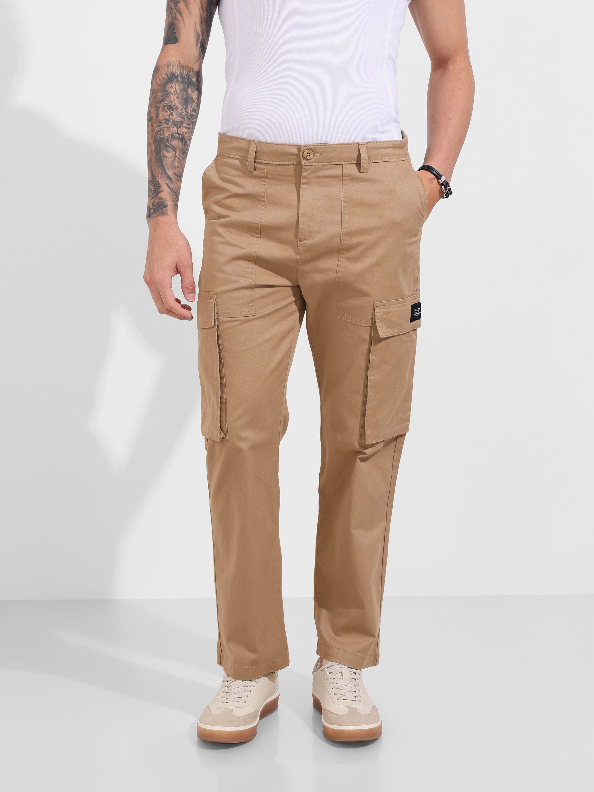 Men's Khaki Relaxed Fit Solid Utility Cargo