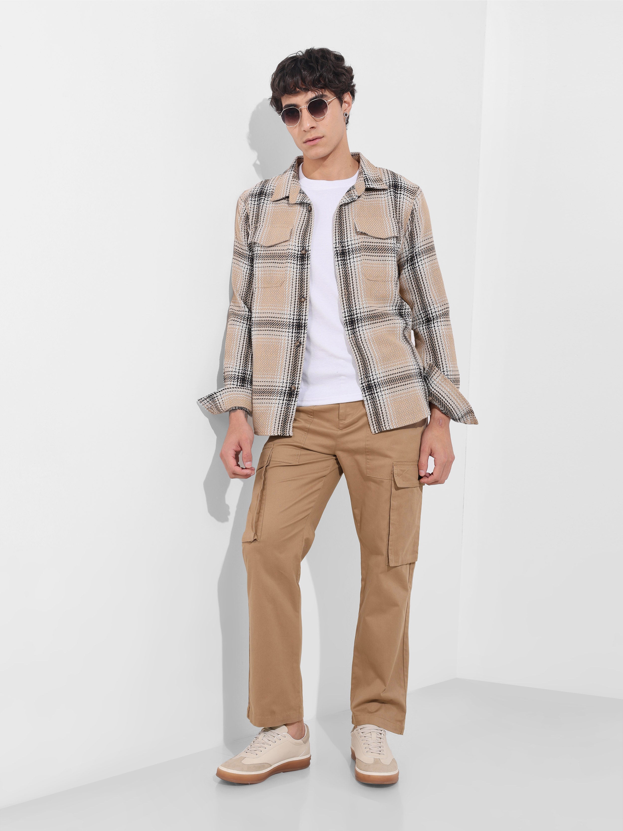Men's Khaki Relaxed Fit Solid Utility Cargo