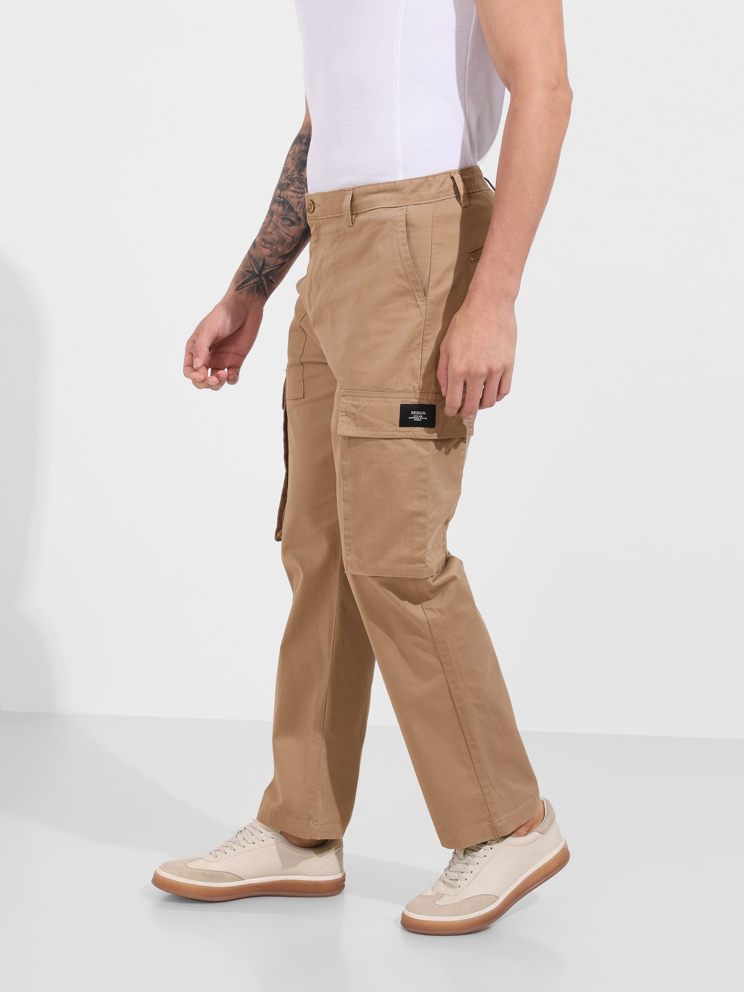 Men's Khaki Relaxed Fit Solid Utility Cargo