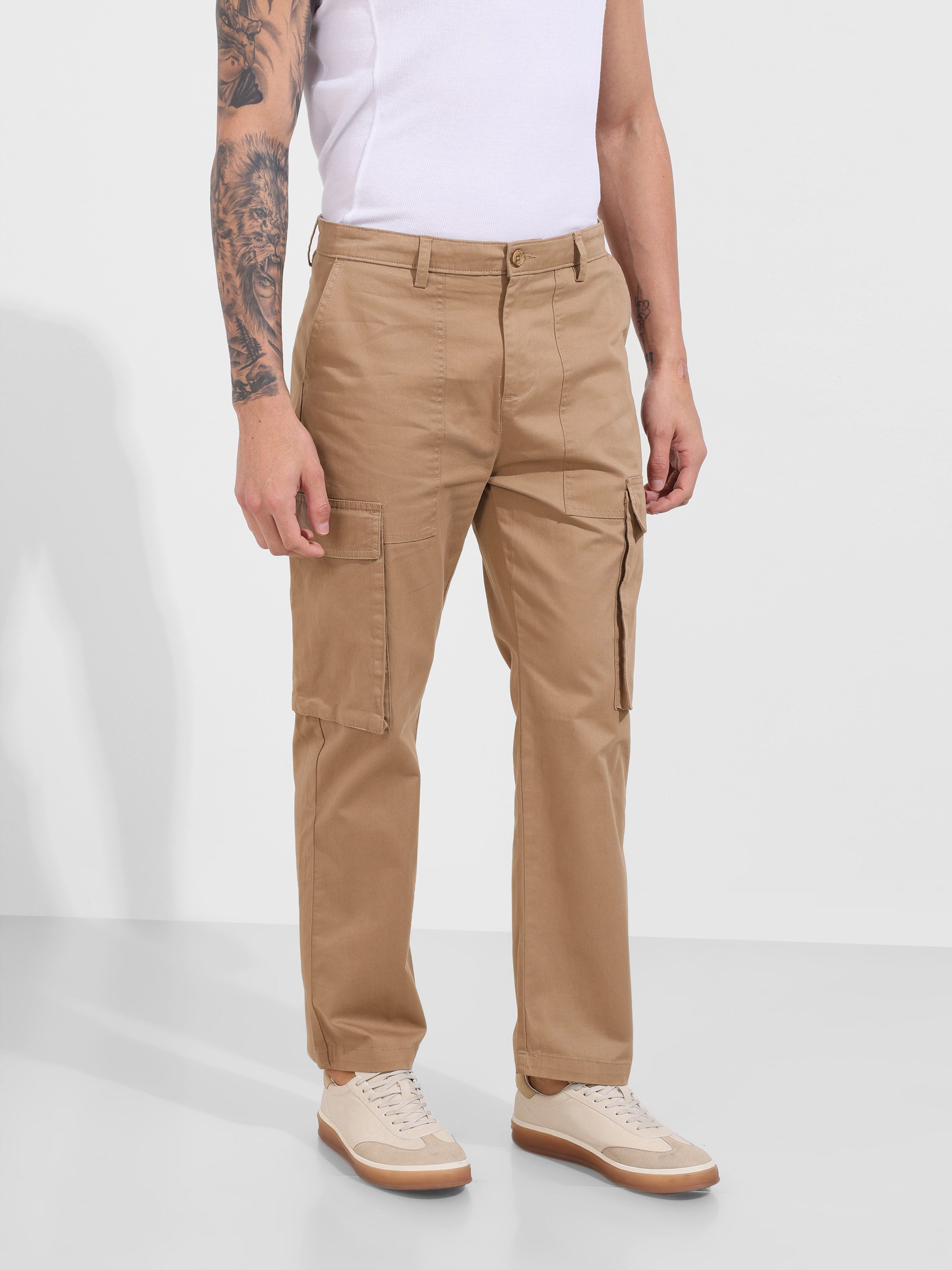 Men's Khaki Relaxed Fit Solid Utility Cargo