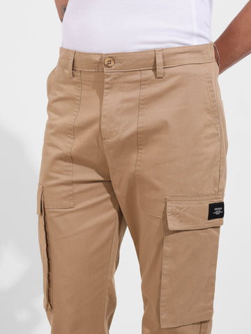 Men's Khaki Relaxed Fit Solid Utility Cargo