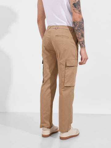 Men's Khaki Relaxed Fit Solid Utility Cargo