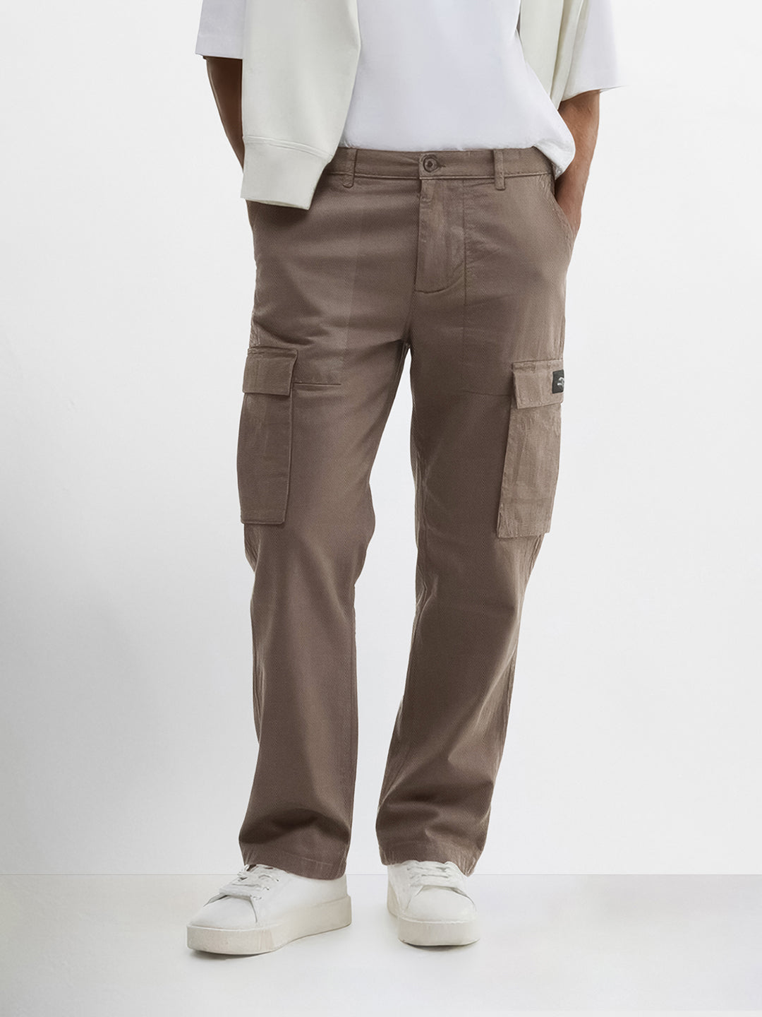 Men's Brown Relaxed Fit Solid Utility Cargo