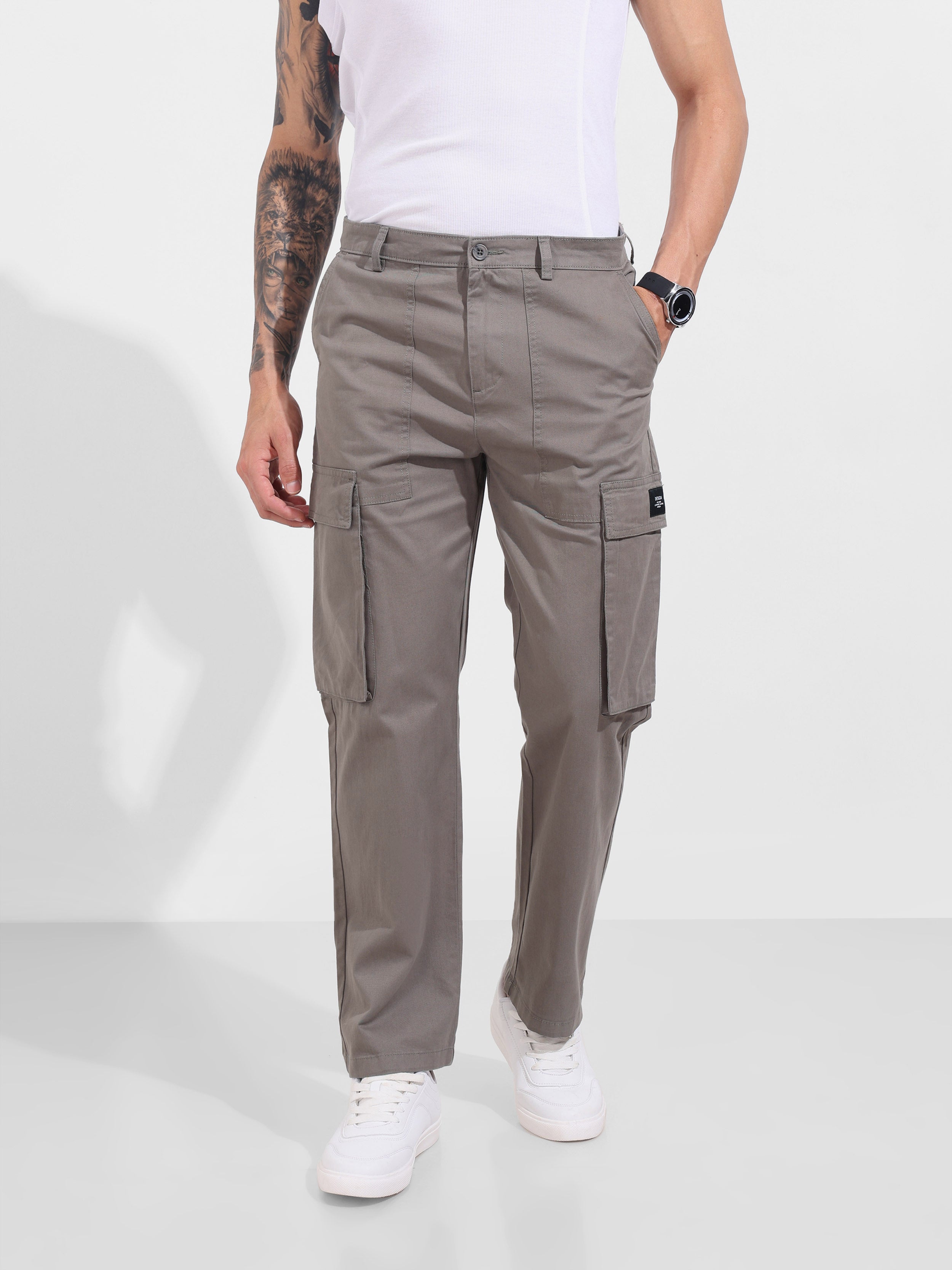 Men's Grey Relaxed Fit Solid Utility Cargo