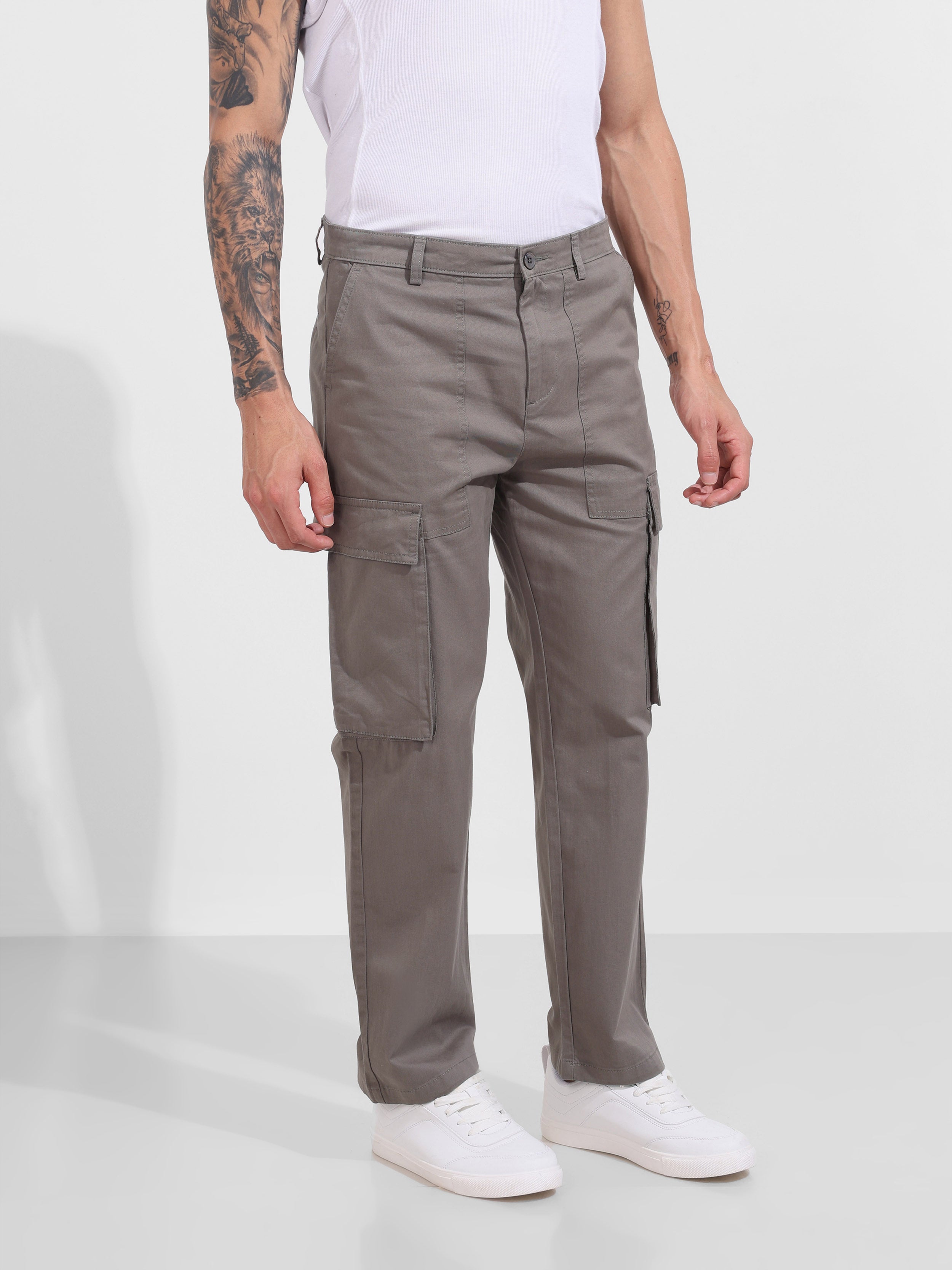 Men's Grey Relaxed Fit Solid Utility Cargo