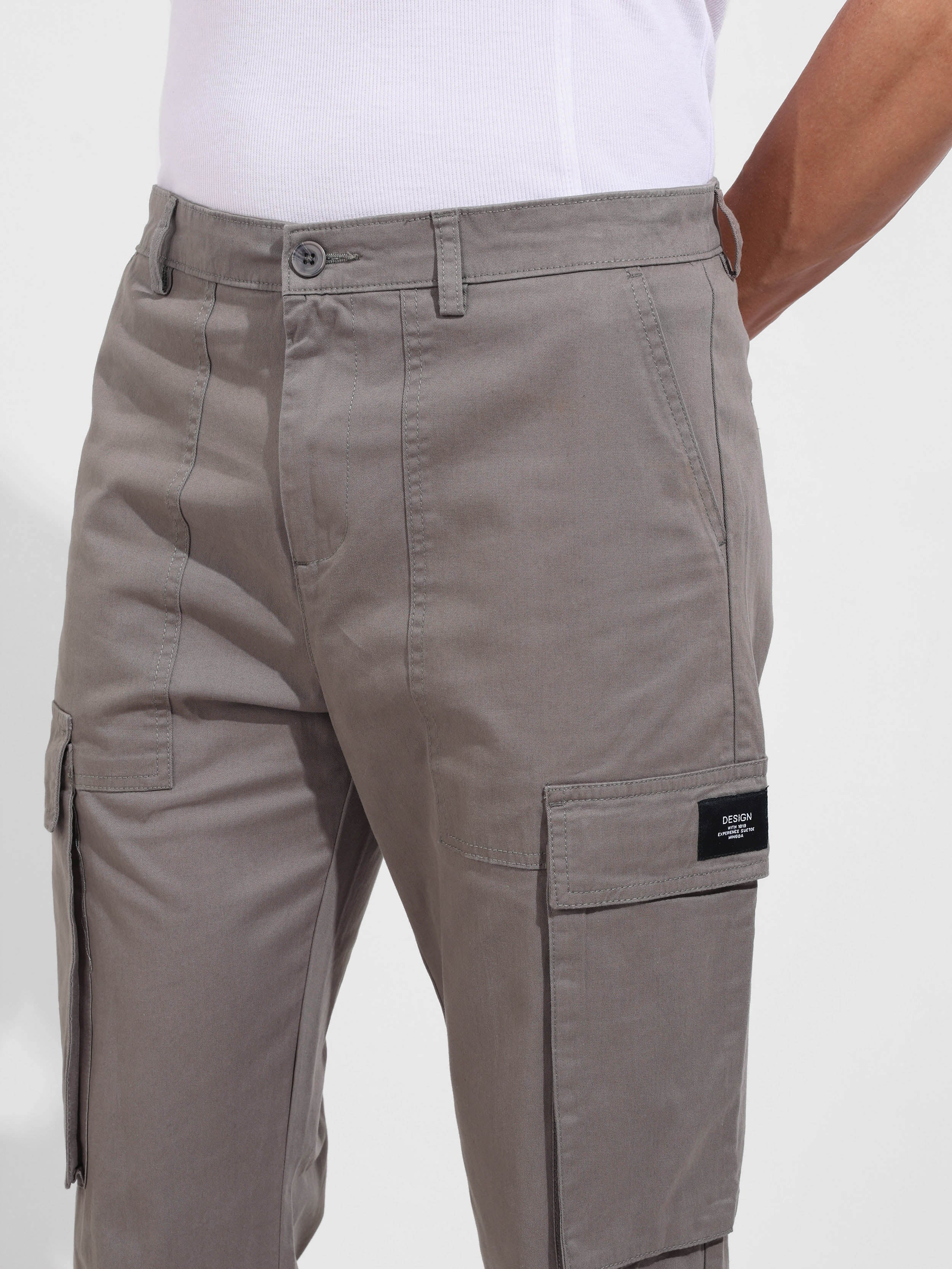 Men's Grey Relaxed Fit Solid Utility Cargo