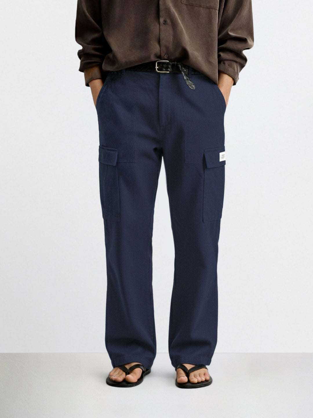 Men's Blue Relaxed Fit Solid Utility Cargo