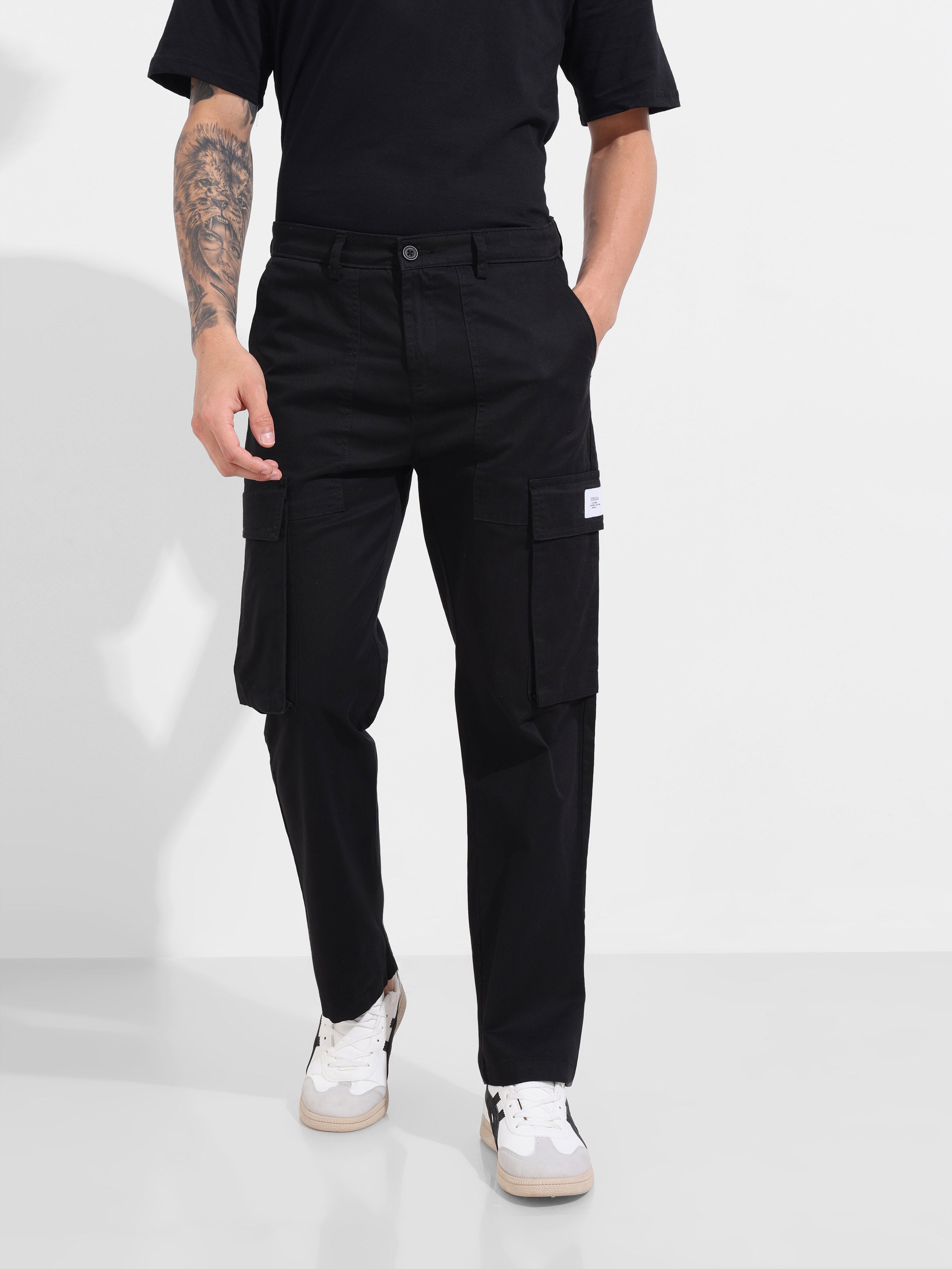 Men's Black Relaxed Fit Solid Utility Cargo