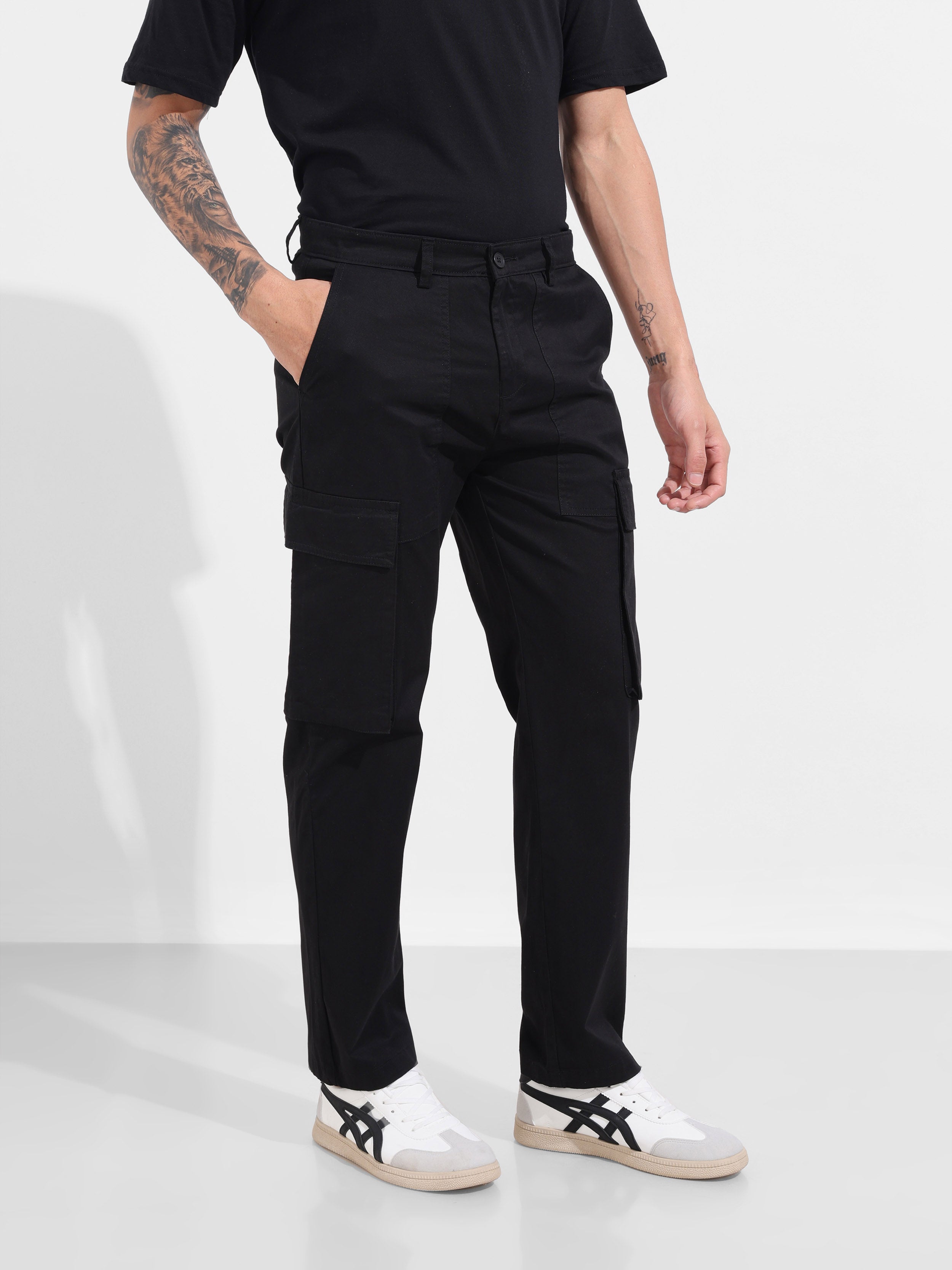 Men's Black Relaxed Fit Solid Utility Cargo