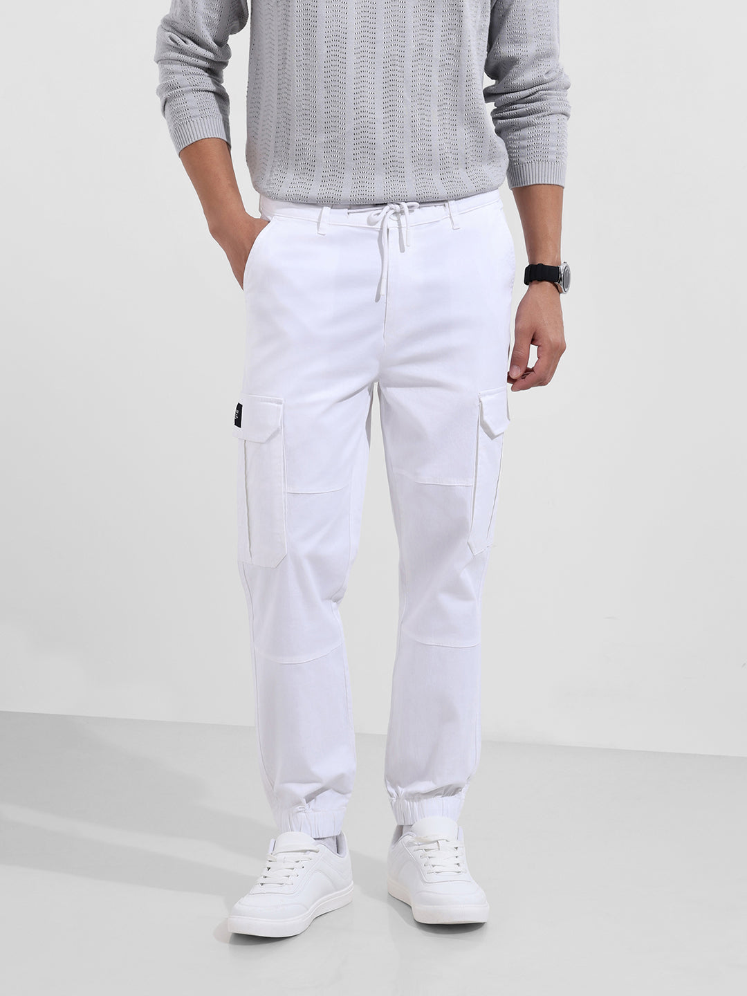 Men's White Regular Fit Solid Utility Cargo
