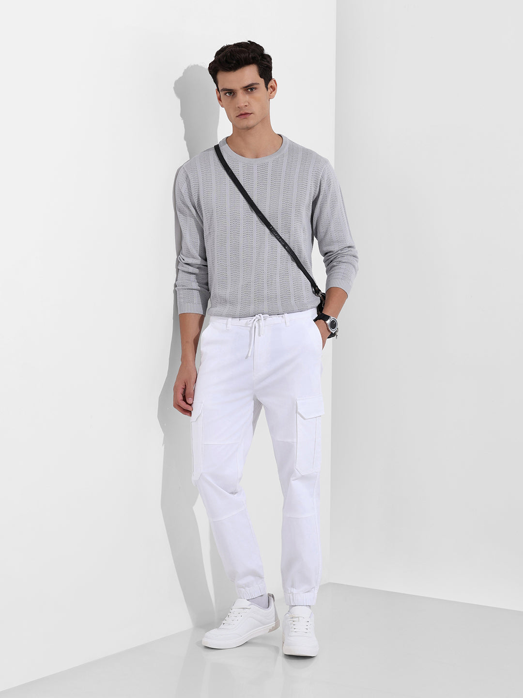 Men's White Regular Fit Solid Utility Cargo