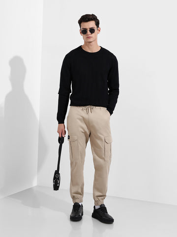 Men's Beige Regular Fit Solid Utility Cargo
