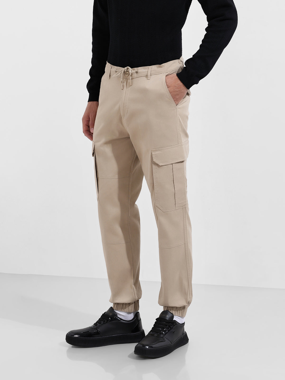 Men's Beige Regular Fit Solid Utility Cargo