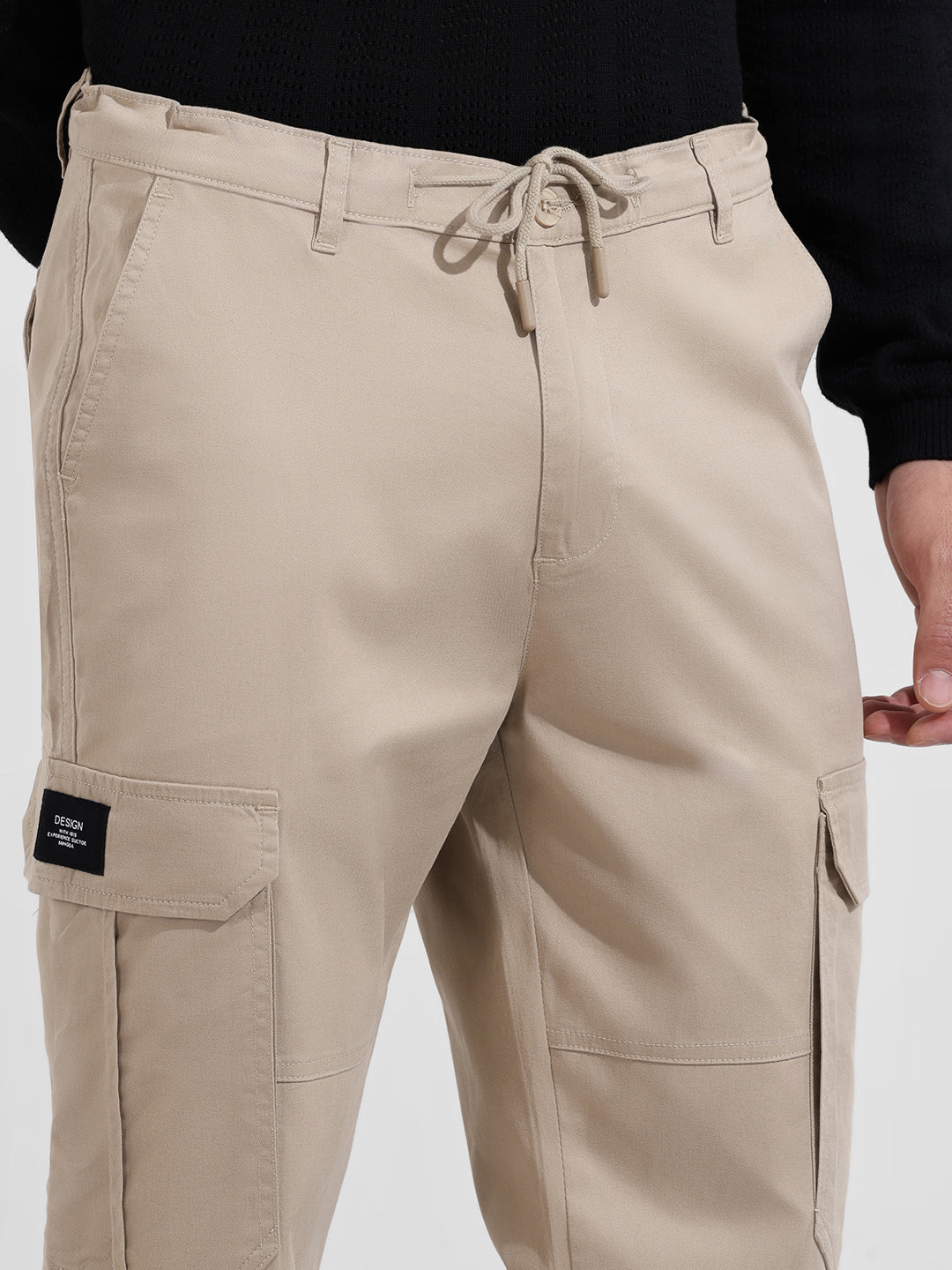 Men's Beige Regular Fit Solid Utility Cargo