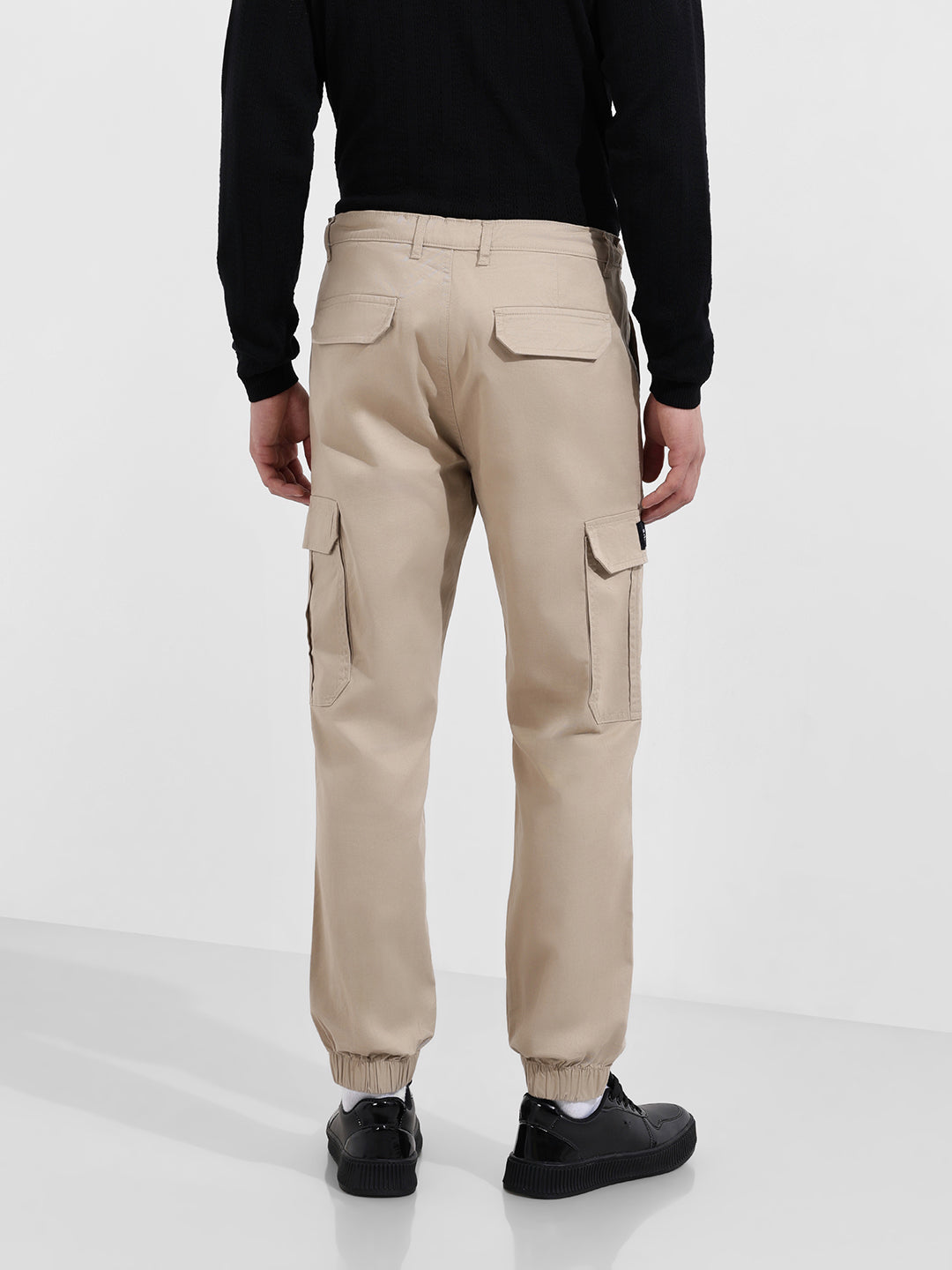 Men's Beige Regular Fit Solid Utility Cargo