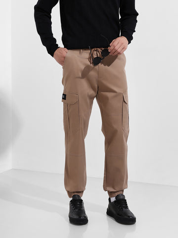 Men's Khaki Regular Fit Solid Utility Cargo