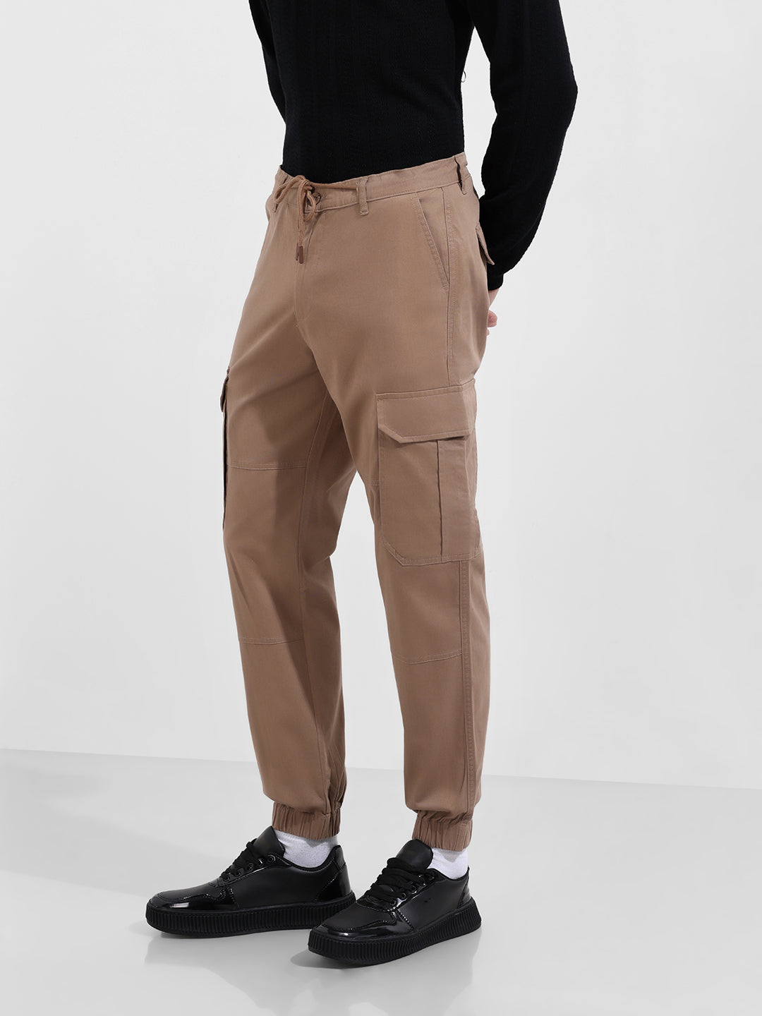 Men's Khaki Regular Fit Solid Utility Cargo