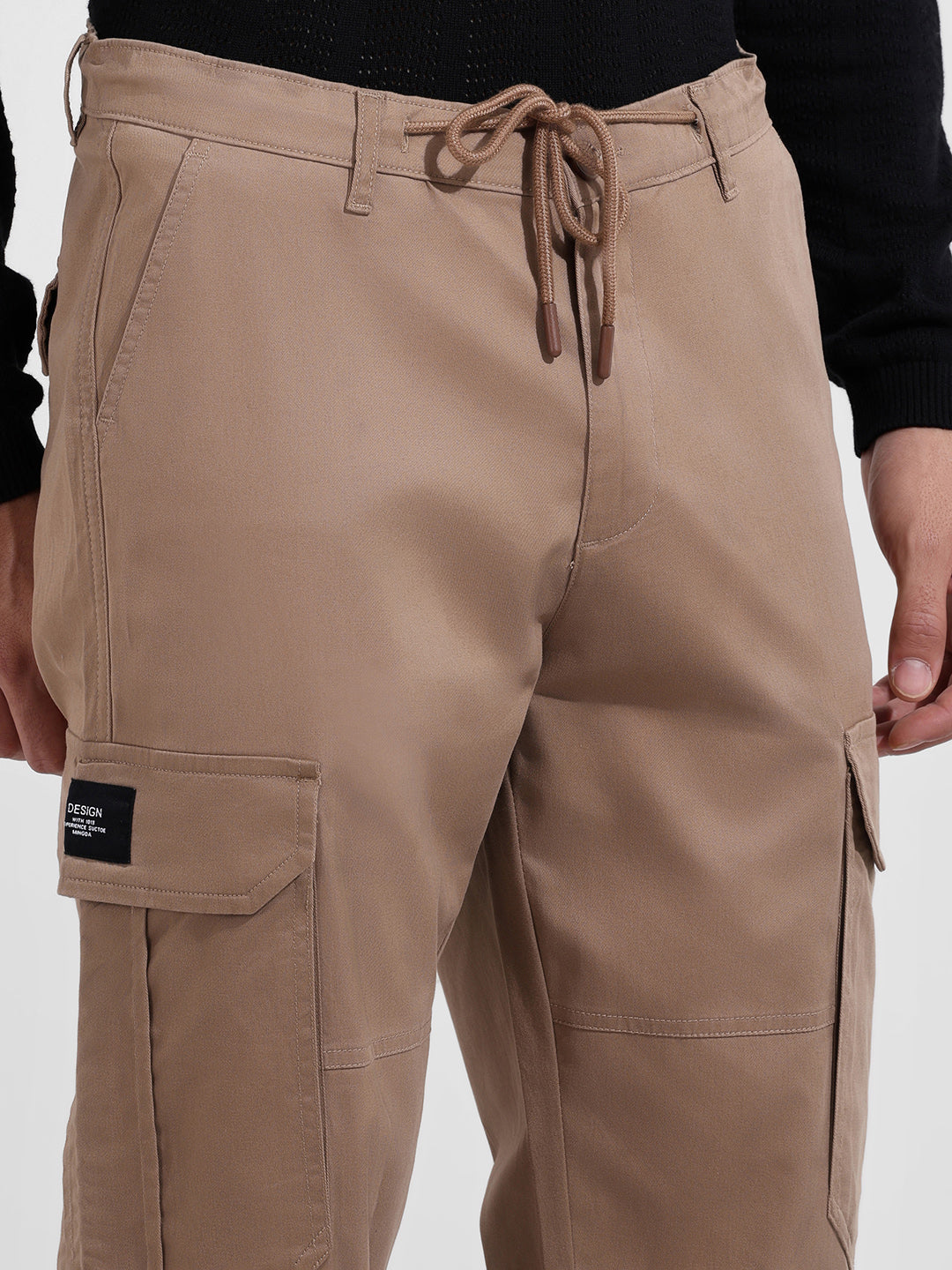 Men's Khaki Regular Fit Solid Utility Cargo
