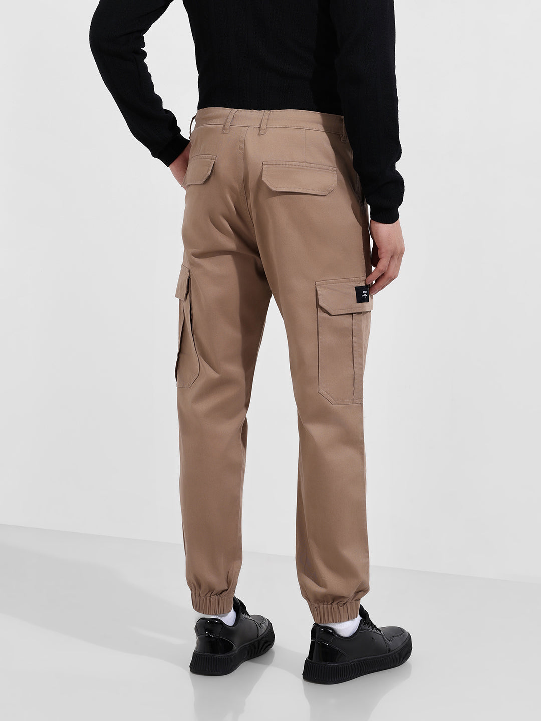 Men's Khaki Regular Fit Solid Utility Cargo