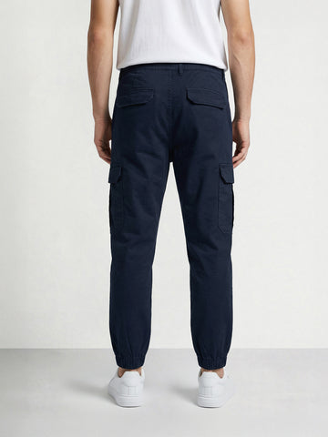 Men's Navy Blue Regular Fit Solid Utility Cargo